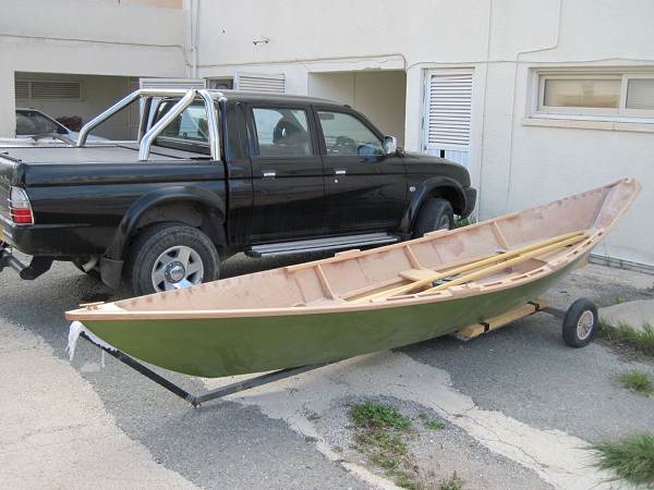 Completed light dory rowing boat built at home