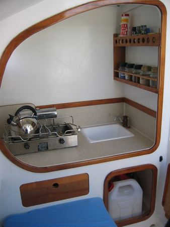 Galley in Welsford's Penguin diy yacht built from plans