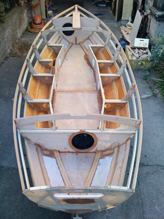 Wooden sailing boat Walkabout being built at home