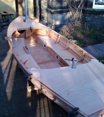 Wooden sailing boat Walkabout being built at home