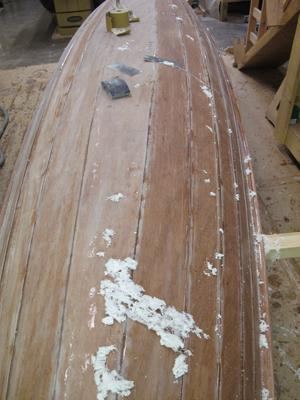 Building a wooden wherry tandem rowing boat sanding