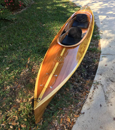 Wood Duck Double Hybrid recreational tandem kayak with a cedar-strip deck